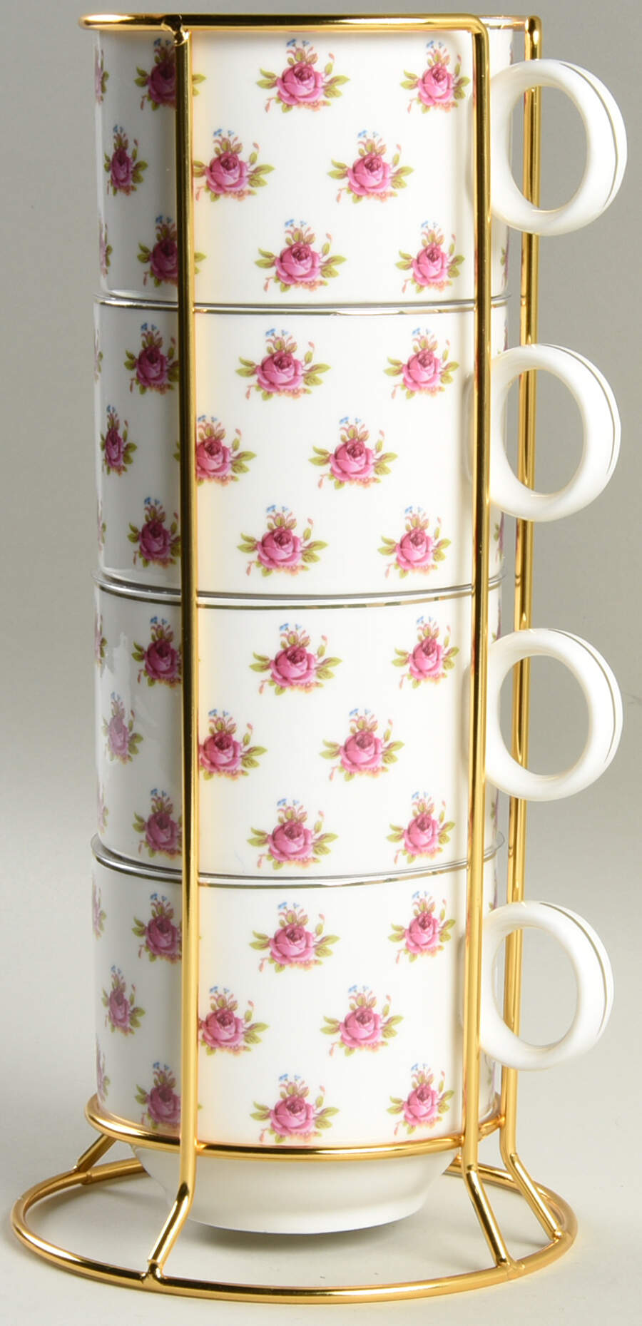Pink Dots Rose Bud Stackable Mug - Set of 4 & Metal Holder by Grace's Teaware-1