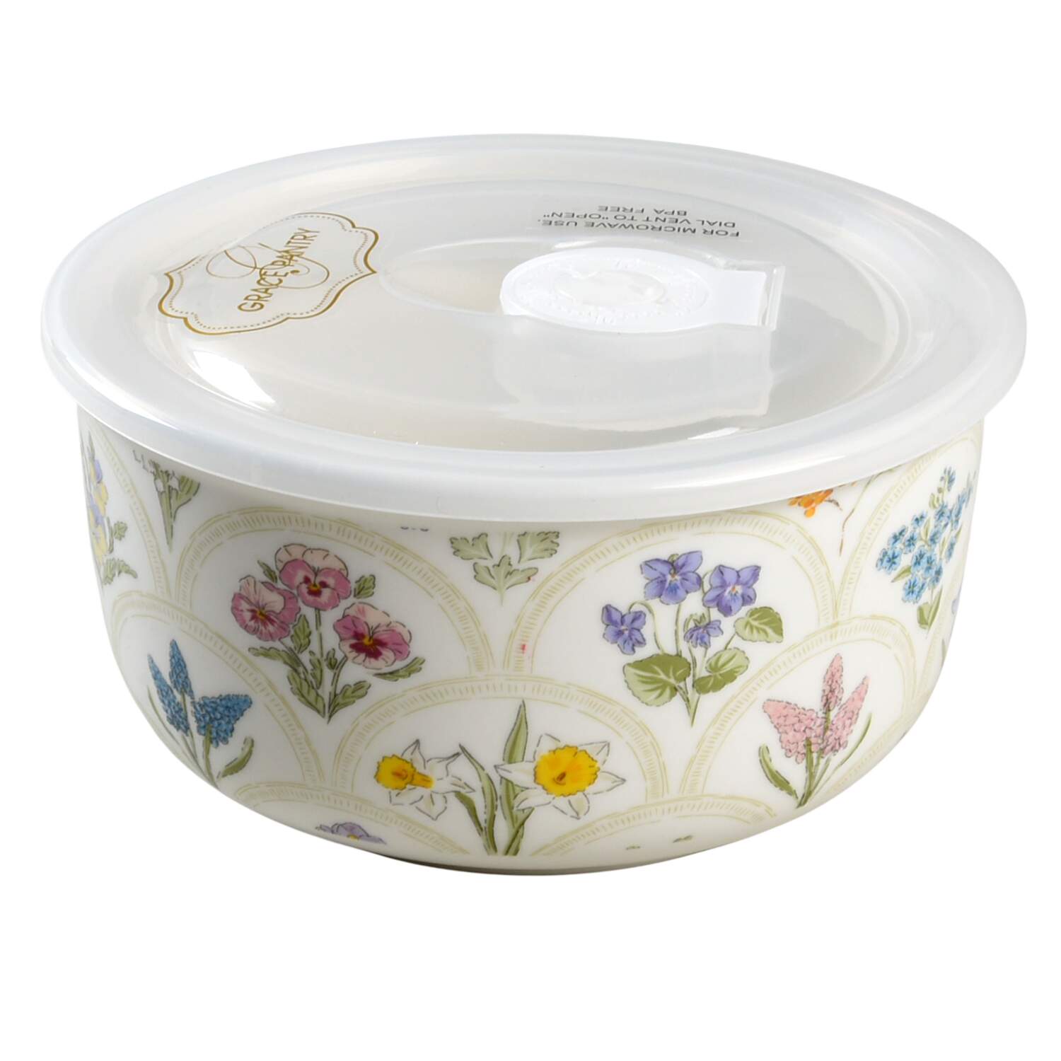 Scatter Floral (2024) 5" Storage Bowl Ceramic with Plastic Lid by Grace's Teaware-1
