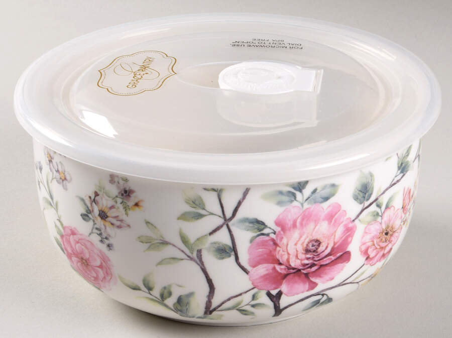 Camellia Hydrangea 6" Storage Bowl Ceramic with Plastic Lid by Grace's Teaware-1