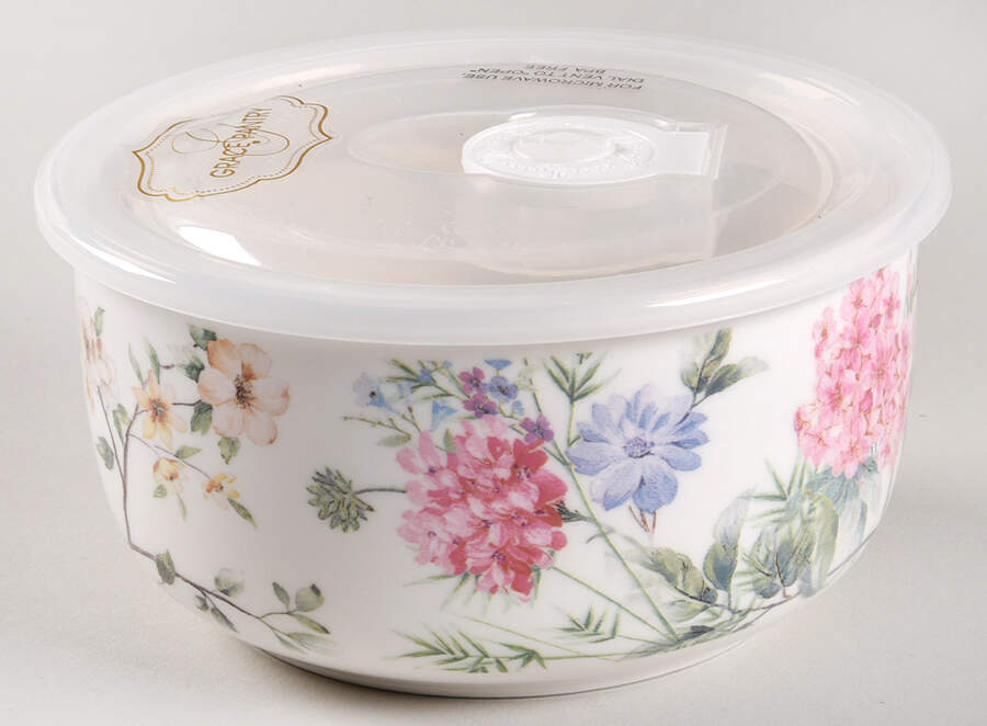 Camellia Hydrangea 5" Storage Bowl Ceramic with Plastic Lid by Grace's Teaware-1