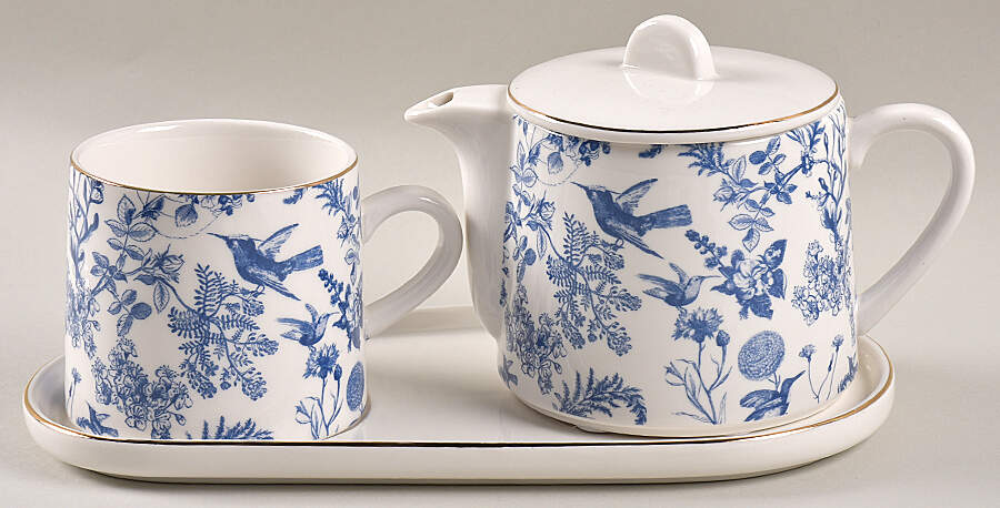 Blue Butterfly Toile Tea for One (Individual Teapot, Mug & Tray) by Grace's Teaware-1