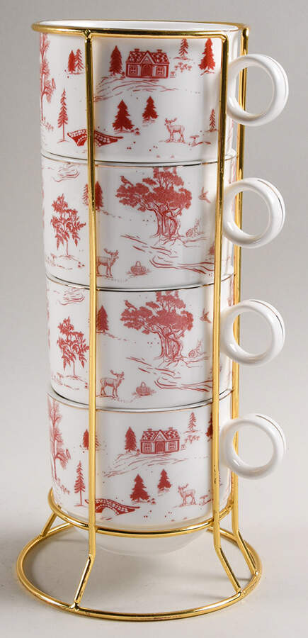 Red Village Stackable Mug - Set of 4 & Metal Holder by Grace's Teaware-1