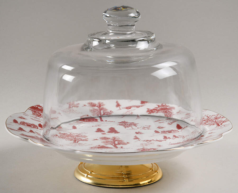 Red Village 6 1/2"-7 1/2" Footed Cheese Plate w/ Glass Dome HC by Grace's Teaware-1