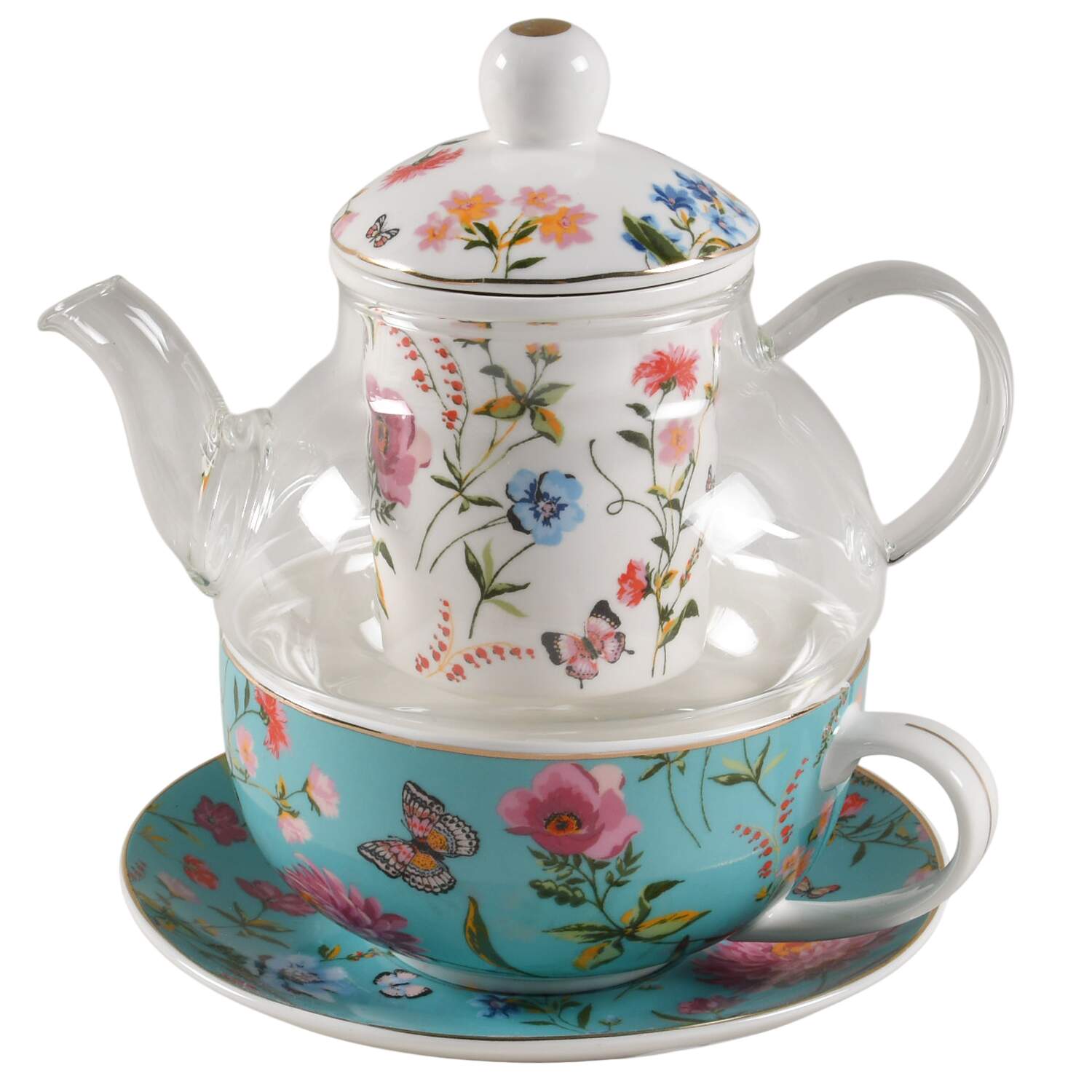 Butterfly Garden Individual Teapot & Lid with Infuser, Cup & Saucer by Grace's Teaware-1