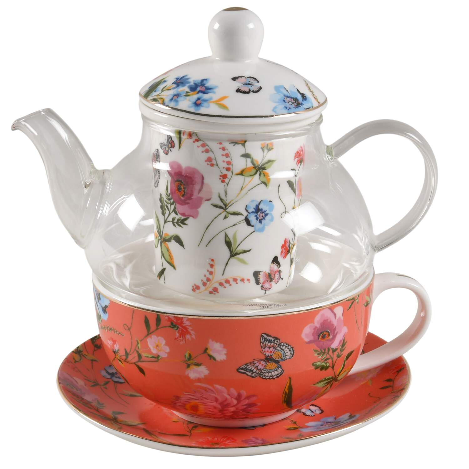 Butterfly Garden Individual Teapot & Lid with Infuser, Cup & Saucer by Grace's Teaware-1