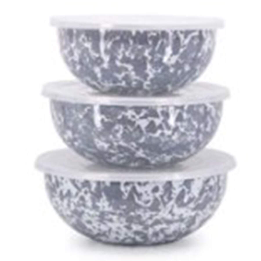 Grey Swirl Enamelware 10" Metal Mixing Bowl & Plastic Lid by Golden Rabbit Enamelware-1