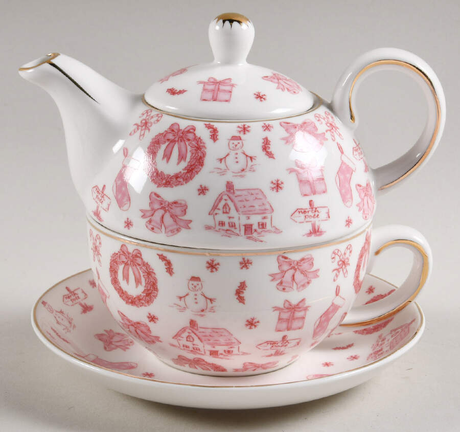 Pink Bow Tea for One (Stacking Teapot w/Cup & Saucer) by Grace's Teaware-1