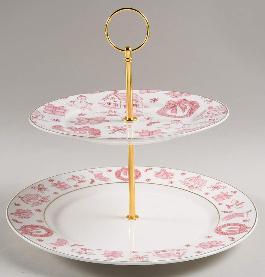 Pink Bow 2 Tiered Serving Tray (Dinner & Salad Plate) by Grace's Teaware-1