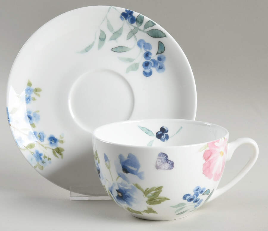 Blue Pink Indigo Flat Cup & Saucer Set by Grace's Teaware-1