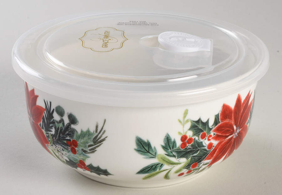 Poinsettia 6" Storage Bowl Ceramic with Plastic Lid by Grace's Teaware-1
