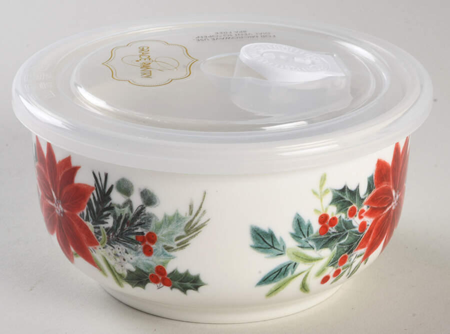 Poinsettia 5" Storage Bowl Ceramic with Plastic Lid by Grace's Teaware-1