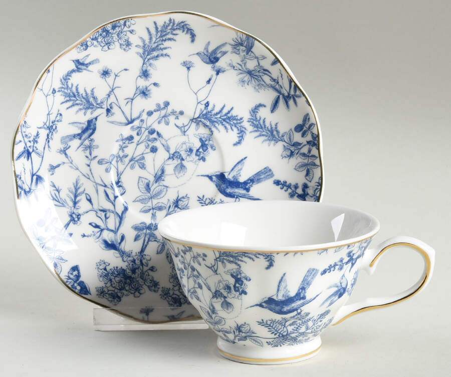 Blue White Bird Footed Cup & Saucer Set by Grace's Teaware-1