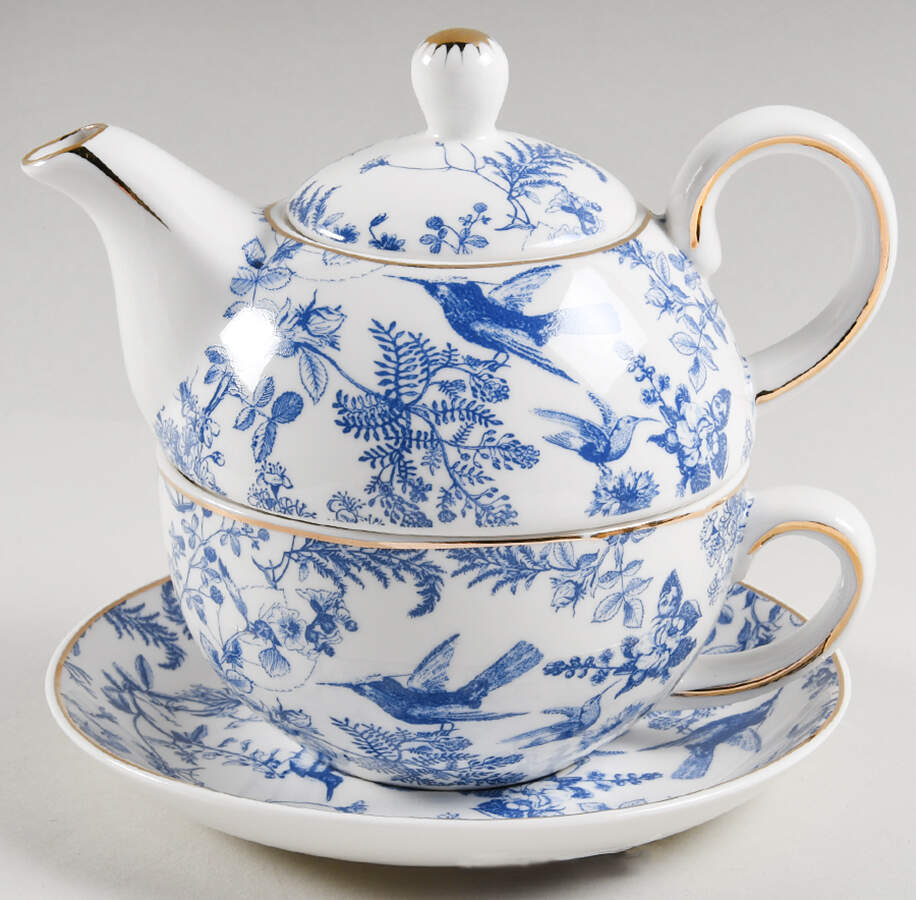Blue White Bird Individual Teapot & Lid with Cup & Saucer by Grace's Teaware-1