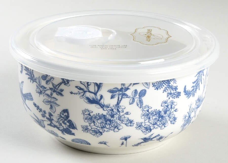 Blue White Bird 6" Storage Bowl Ceramic with Plastic Lid by Grace's Teaware-1