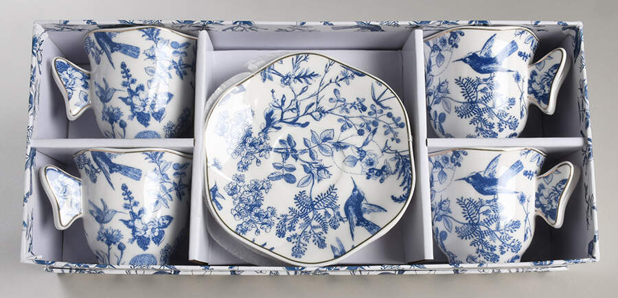 Blue White Bird Flat Demitasse Cup & Saucer Set - Set of 4 by Grace's Teaware-1