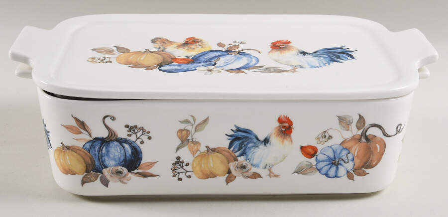 Blue Pumpkin Rooster Rectangular Baker & Lid by Grace's Teaware-1