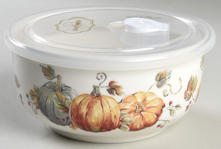 Pumpkin Trio 6" Storage Bowl Ceramic with Plastic Lid by Grace's Teaware-1