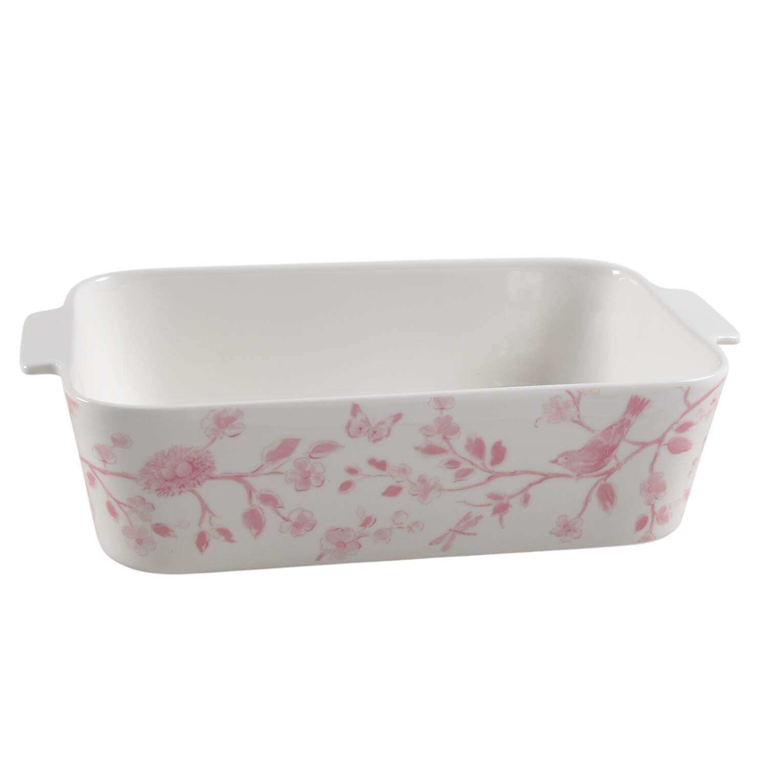 Pink Botanical Birds Rectangular Baker No Lid by Grace's Teaware-1