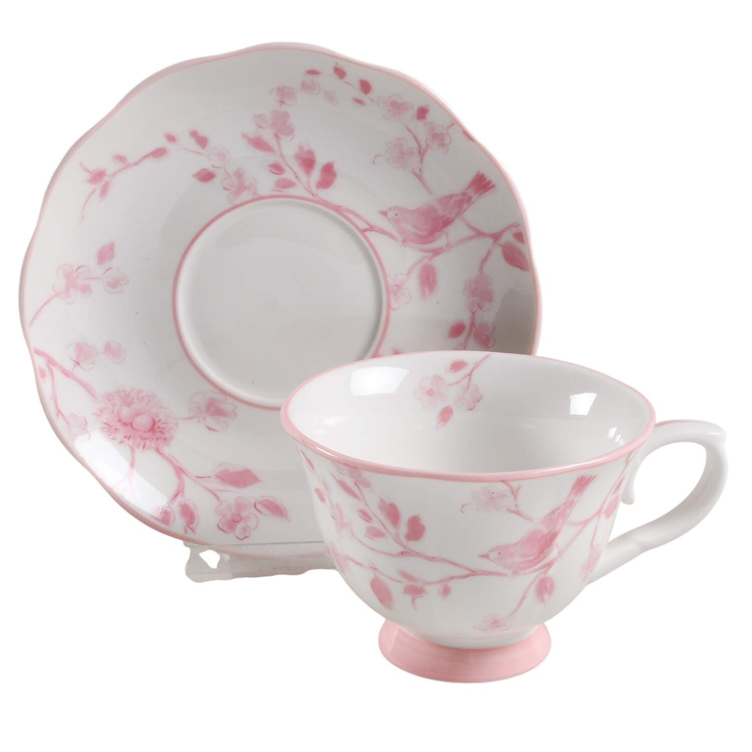 Pink Botanical Birds Footed Cup & Saucer Set by Grace's Teaware-1