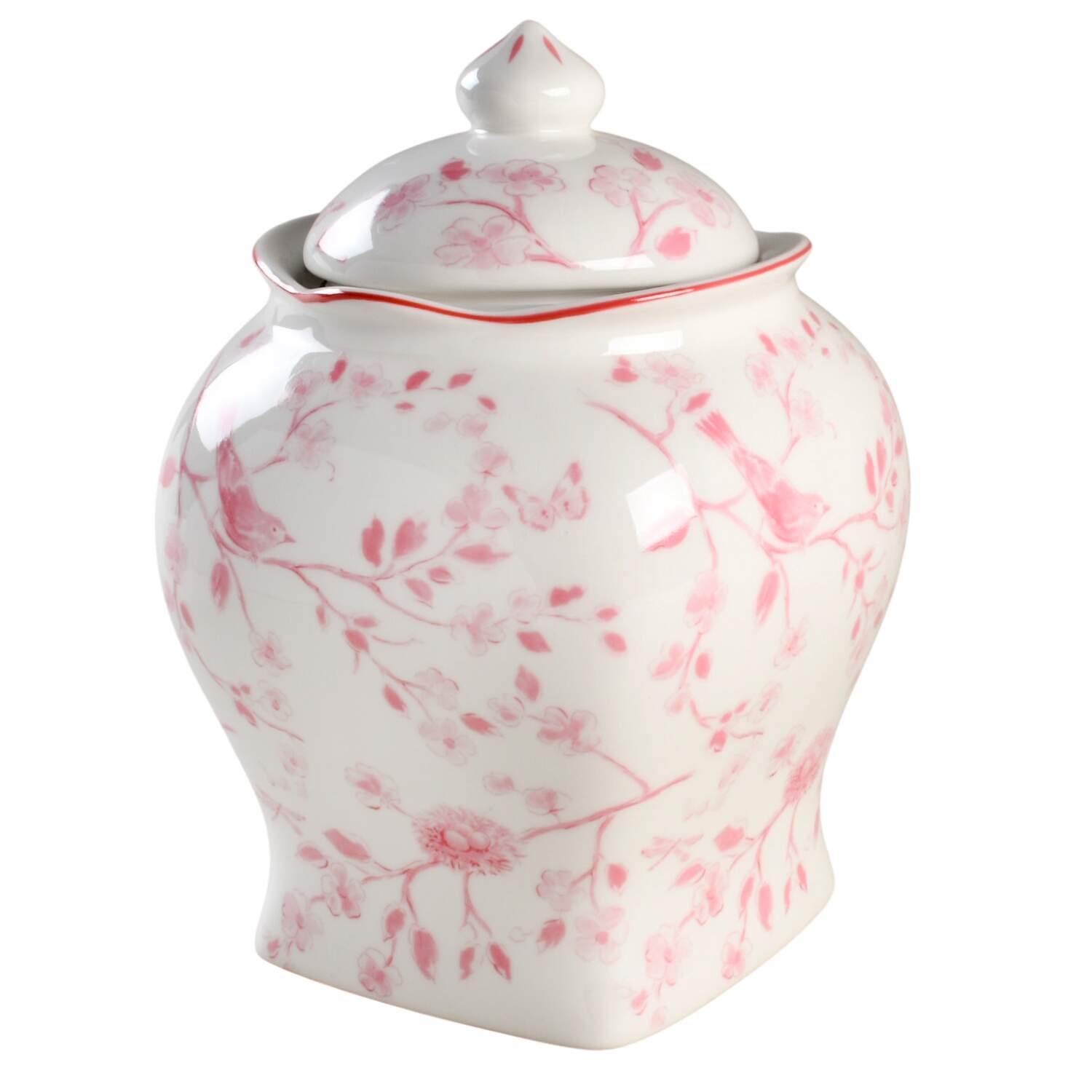 Pink Botanical Birds Large Canister & Lid by Grace's Teaware-1