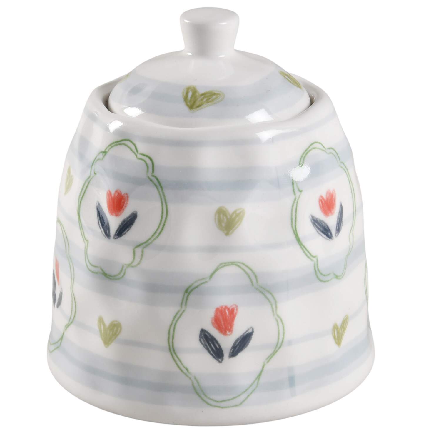Blue Stripe Stamp Flower Sugar Bowl & Lid by Grace's Teaware-1