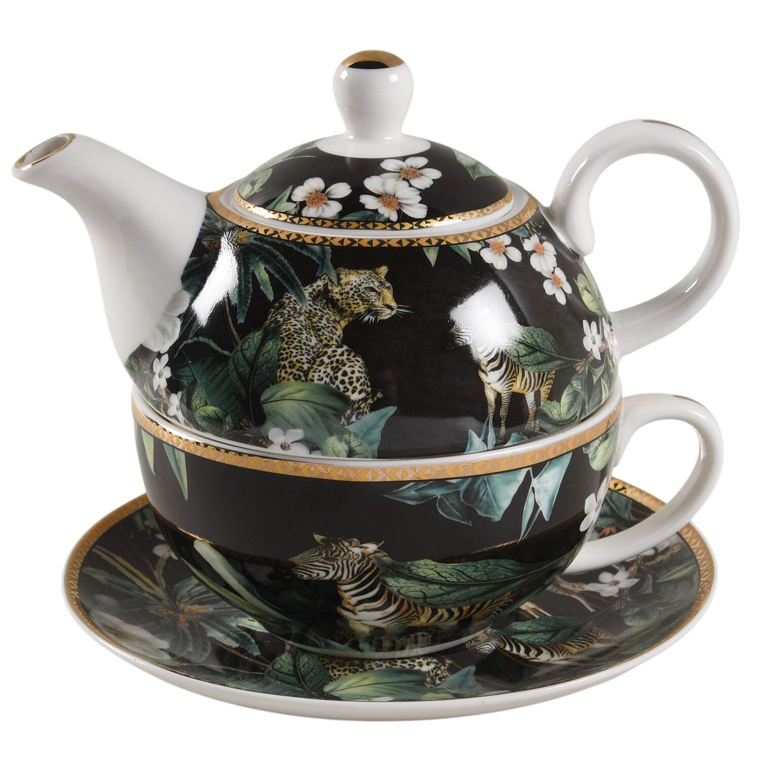 Tropical Black Animal Tea for One (Stacking Teapot w/Cup & Saucer) by Grace's Teaware-1