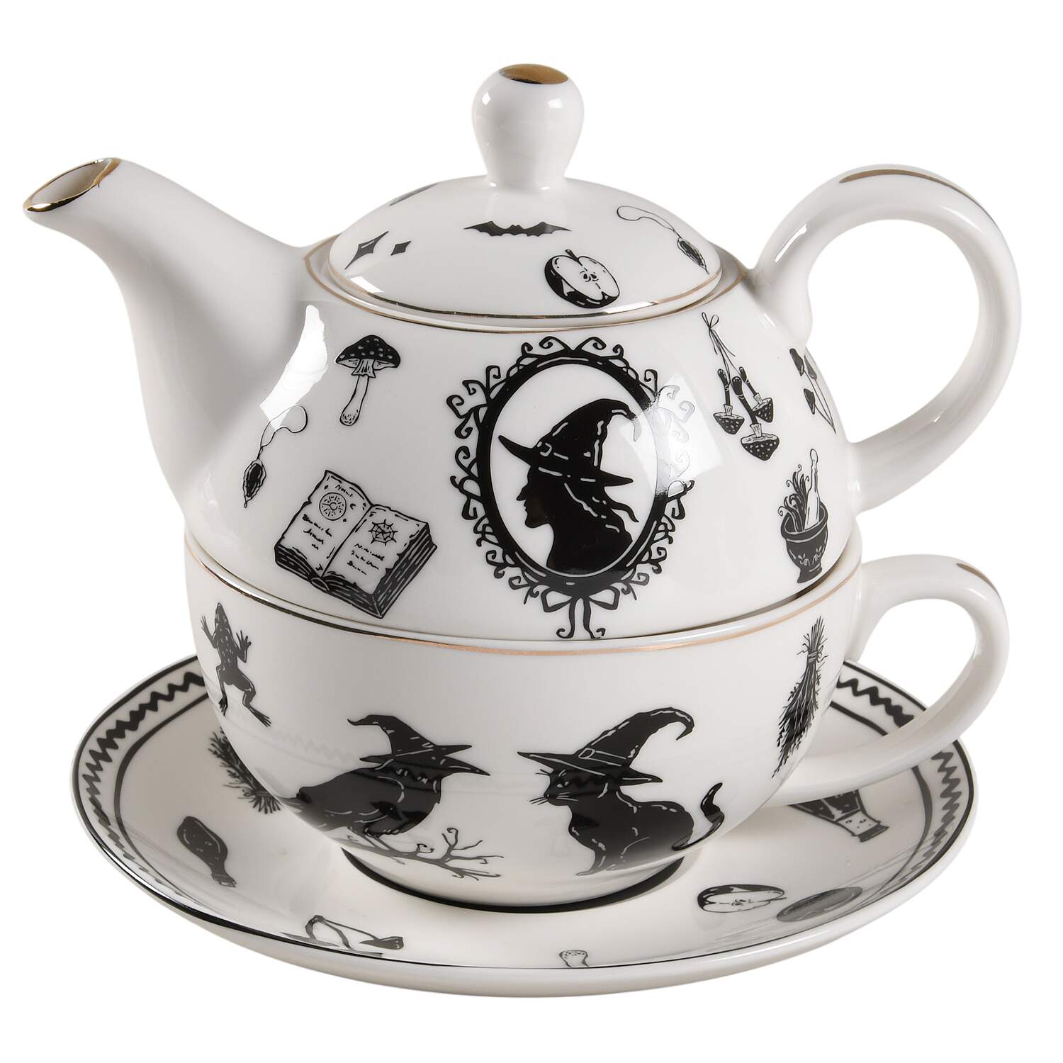 Witch Cat Ruffle Tea for One (Stacking Teapot w/Cup & Saucer) by Grace's Teaware-1