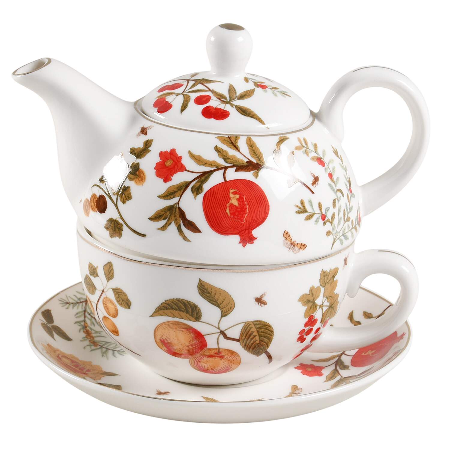 Fall Fruit Toile Tea for One (Stacking Teapot w/Cup & Saucer) by Grace's Teaware-1