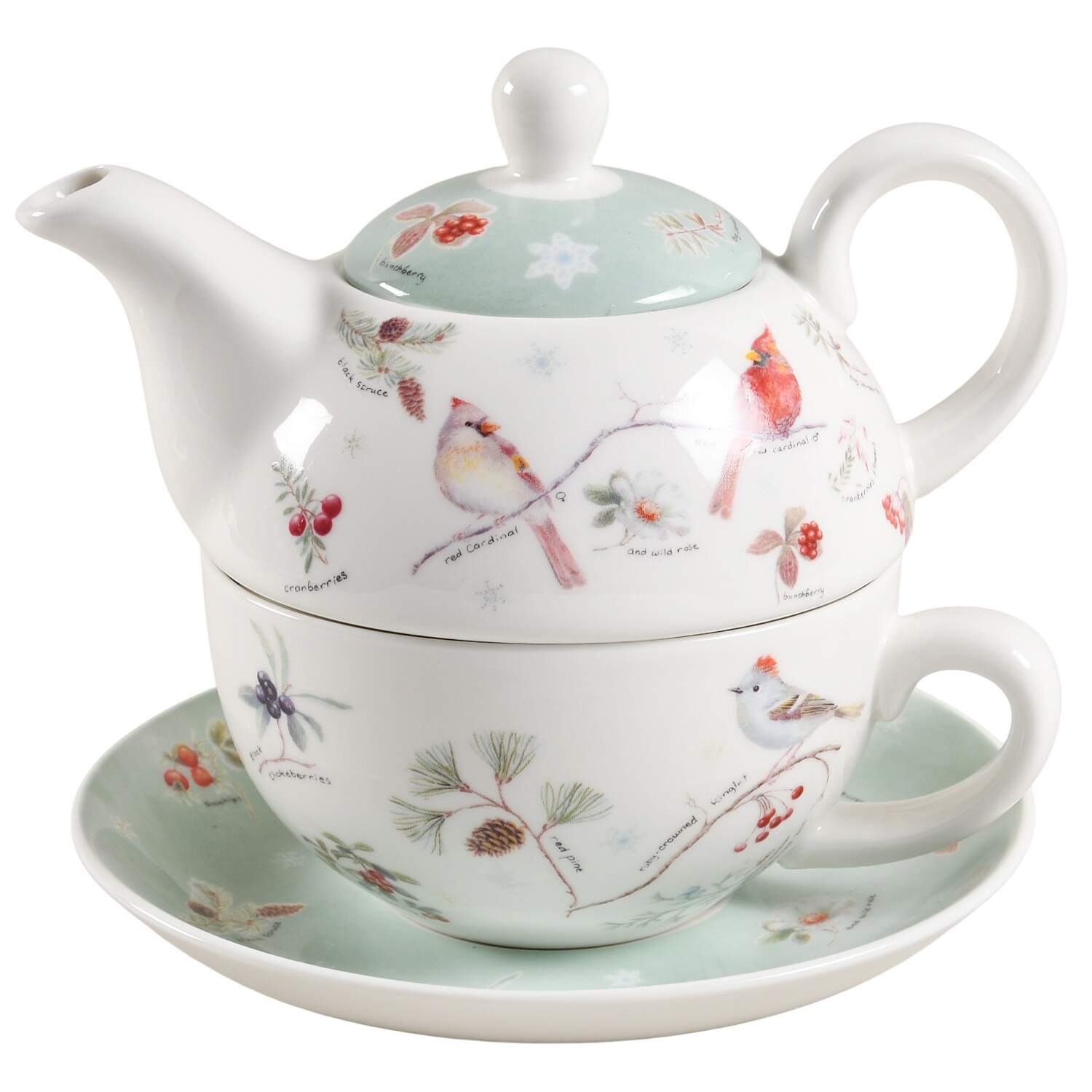 Winter Cardinal Tea for One (Stacking Teapot w/Cup & Saucer) by Grace's Teaware-1