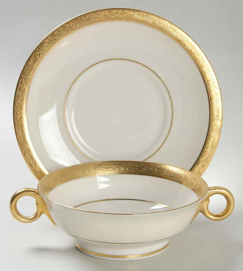 Aladdin (Gold Encrusted) Footed Cream Soup Bowl & Saucer Set by Haviland-1