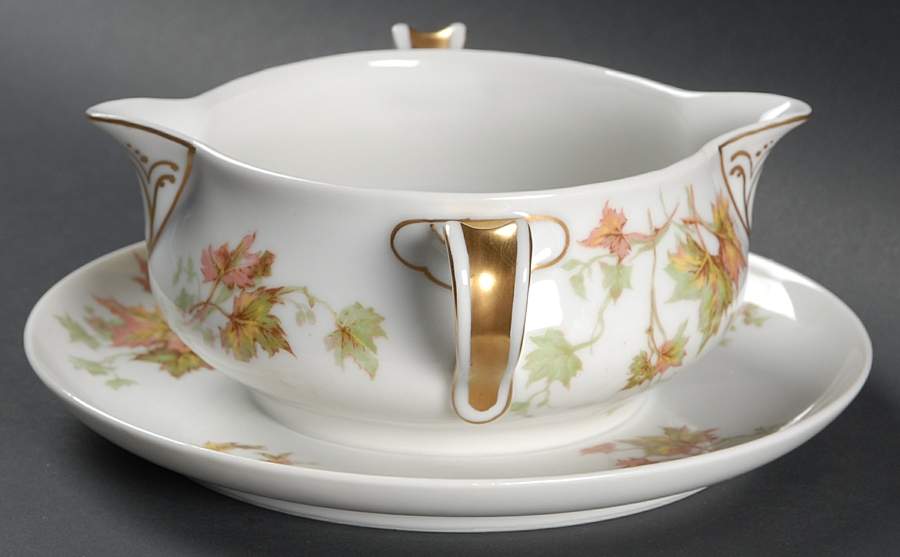 Autumn Leaf (Smooth, Gold Trim) Gravy Boat with Attached Underplate by Haviland-1