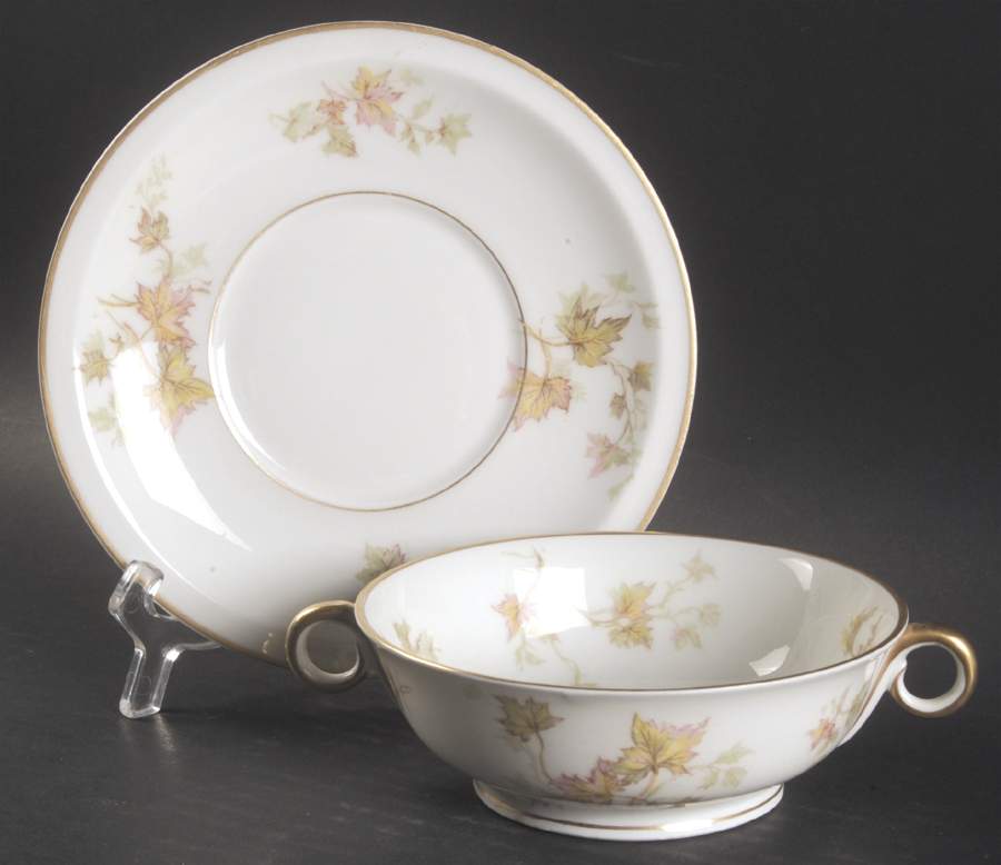 Autumn Leaf (Smooth, Gold Trim) Footed Cream Soup Bowl & Saucer Set by Haviland-1