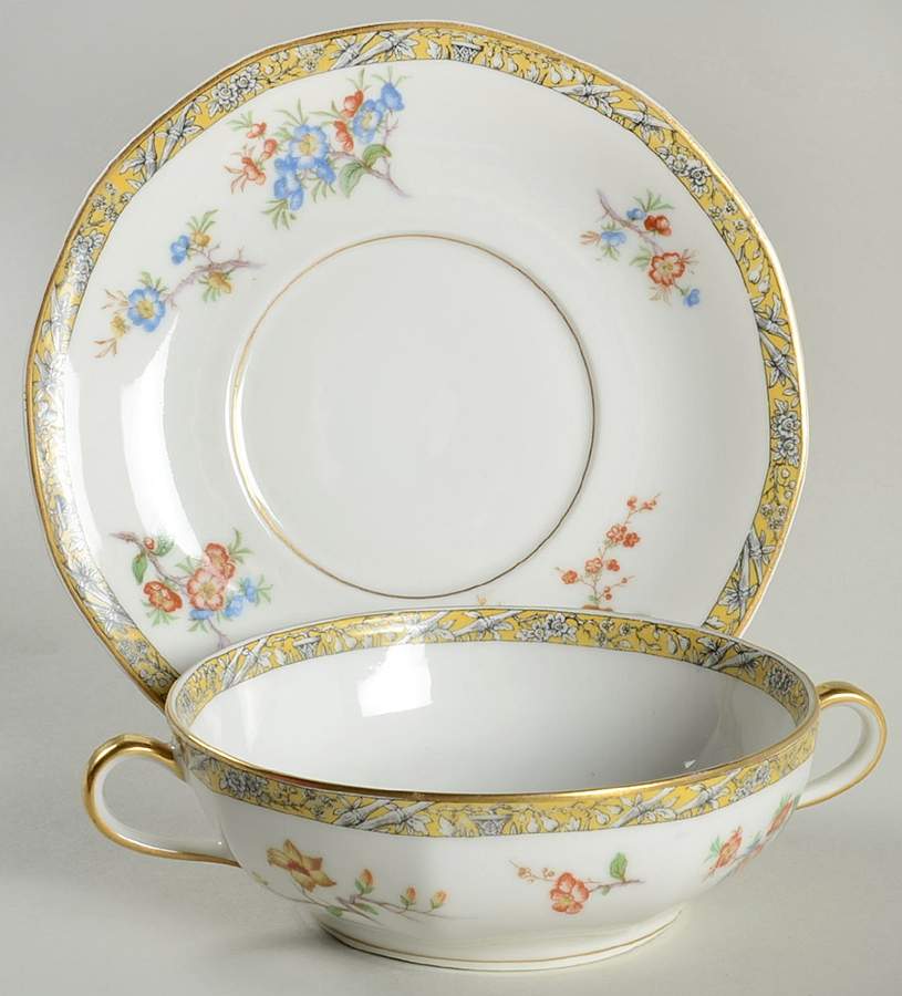 Bamboo (Bird In Center) Flat Cream Soup Bowl & Saucer Set by Haviland-1