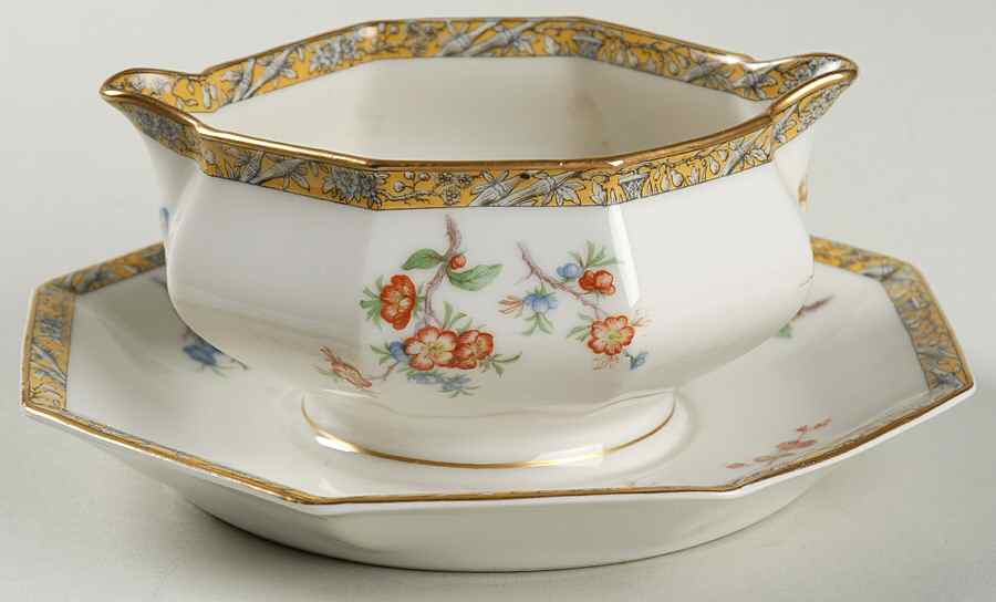 Bamboo (Bird In Center) Gravy Boat with Attached Underplate by Haviland-1