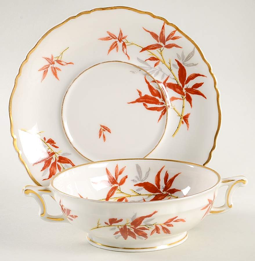 Bamboo (Rust Bamboo Shoots) Footed Cream Soup Bowl & Saucer Set by Haviland-1
