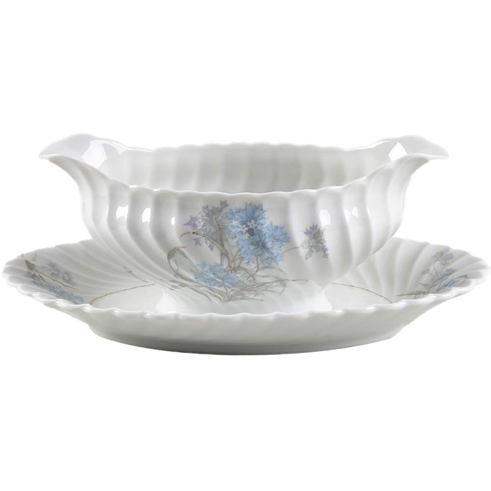 Bergere (Blue Flowers, Gold Verge) Gravy Boat with Attached Underplate by Haviland-1