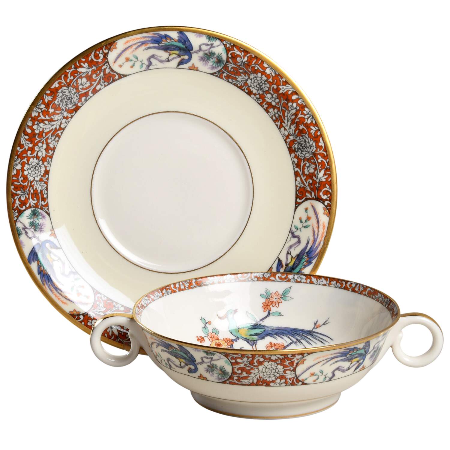 Bird of India Footed Cream Soup Bowl & Saucer Set by Haviland-1