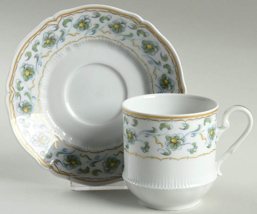 Bouquet (Green & Yellow Flowers) Flat Cup & Saucer Set by Haviland-1