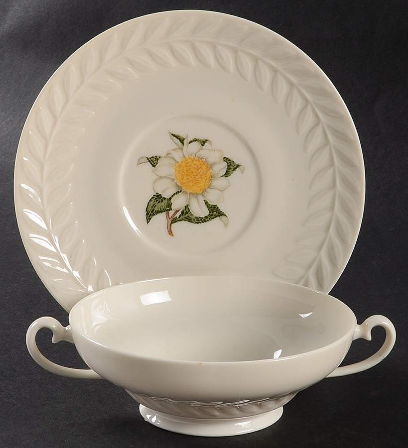 Camellia Footed Cream Soup Bowl & Saucer Set by Haviland-1