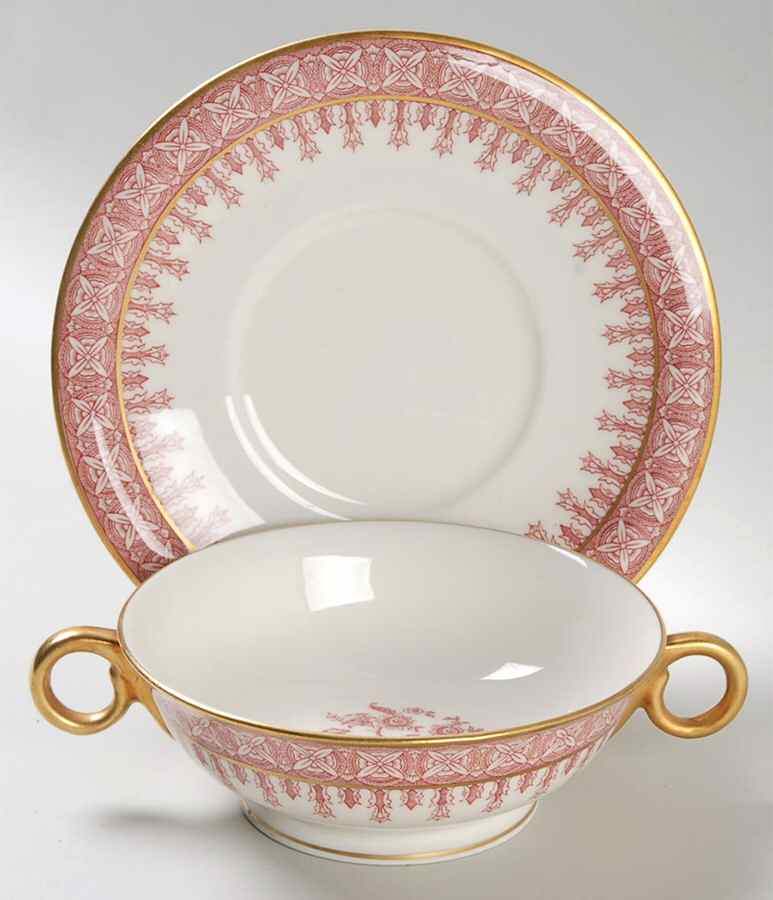 Cambridge Crimson Footed Cream Soup Bowl & Saucer Set by Haviland-1