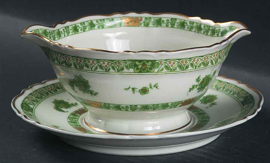 Cashmere (Green & Gold Tree) Gravy Boat with Attached Underplate by Haviland-1