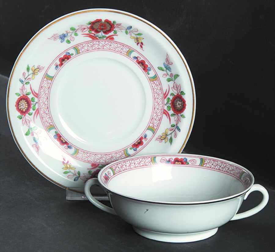 Cathay (Gold Trim) Footed Cream Soup Bowl & Saucer Set by Haviland-1