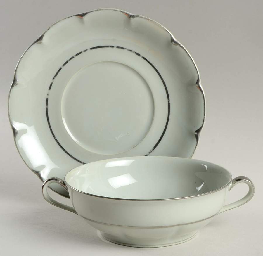 Celadon Platinum Flat Cream Soup Bowl & Saucer Set by Haviland-1