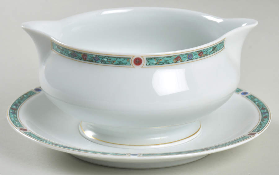 Chatelaine Green (Gold Verge) Gravy Boat with Attached Underplate by Haviland-1