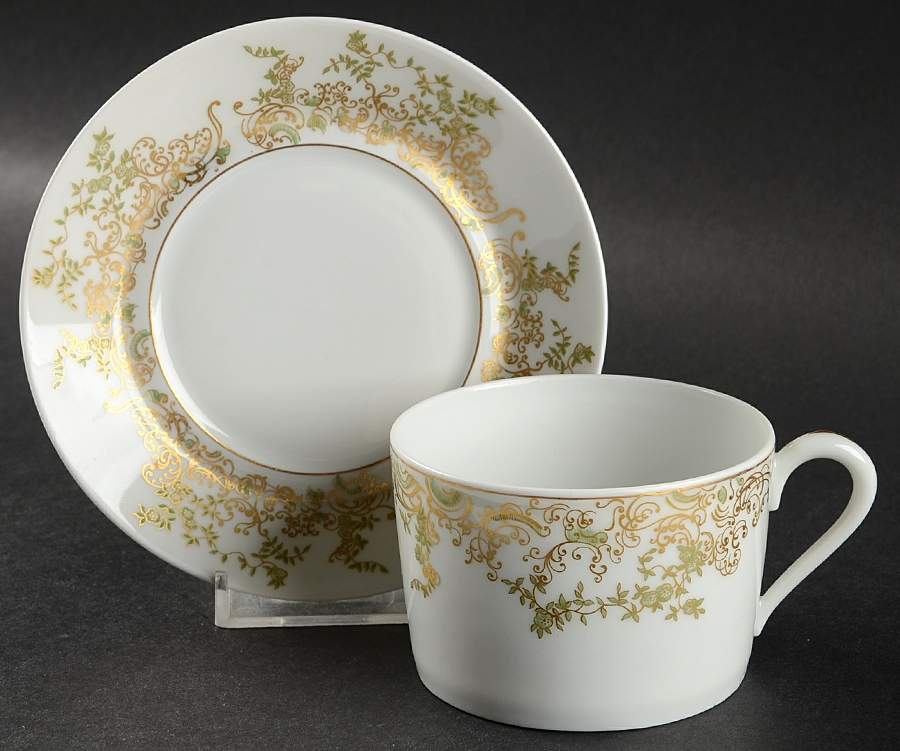 Chambord (Newer Green and Gold) Flat Cup & Saucer Set by Haviland-1