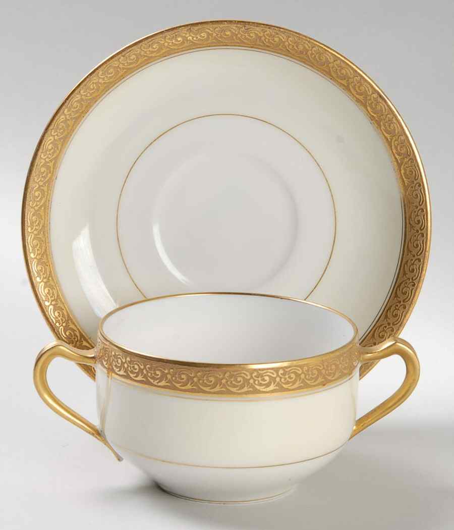 Chevalier (Older, Gold Trim) Flat Bouillon Cup & Saucer by Haviland-1