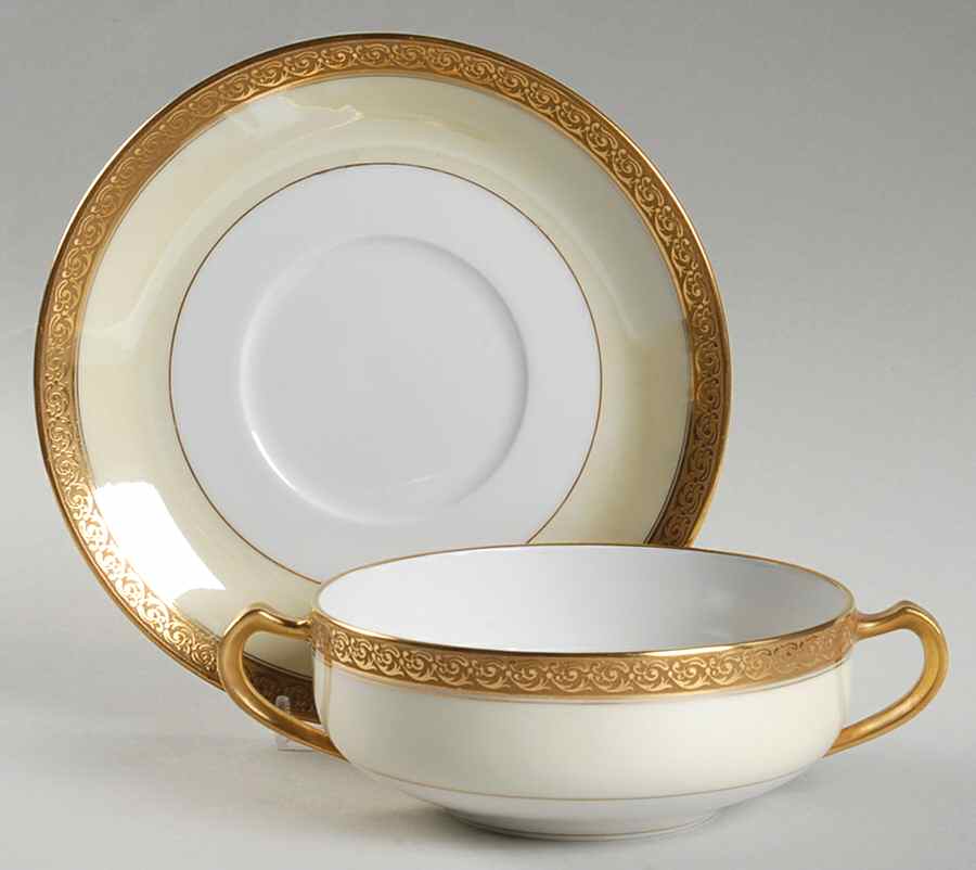Chevalier (Older, Gold Trim) Flat Cream Soup Bowl & Saucer Set by Haviland-1