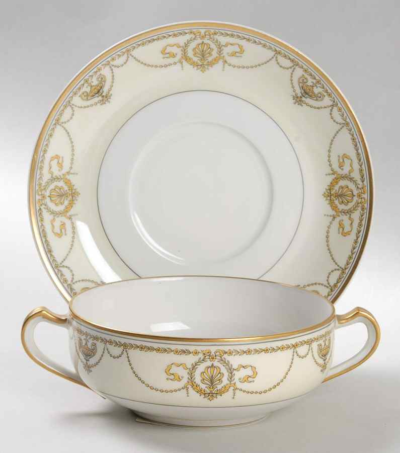 Eugenie (Black Laurel & Swags) Flat Cream Soup Bowl & Saucer Set by Haviland-1