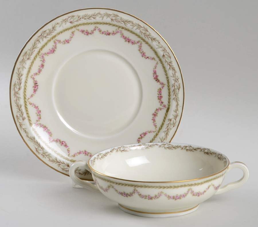 Eugenie (Green Leaves, Pink Roses) Footed Cream Soup Bowl & Saucer Set by Haviland-1