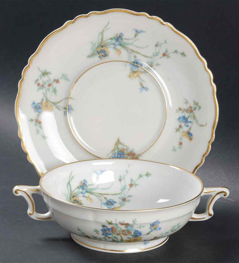 Fleurette (White, Newer) Footed Cream Soup Bowl & Saucer Set by Haviland-1